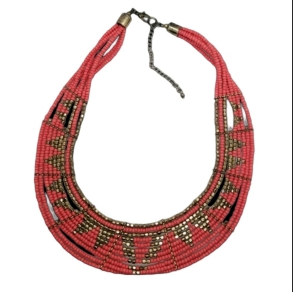 Anthropologie Layered Seed Bead Bib Necklace | Coral & Bronze Geometric - Picture 3 of 4